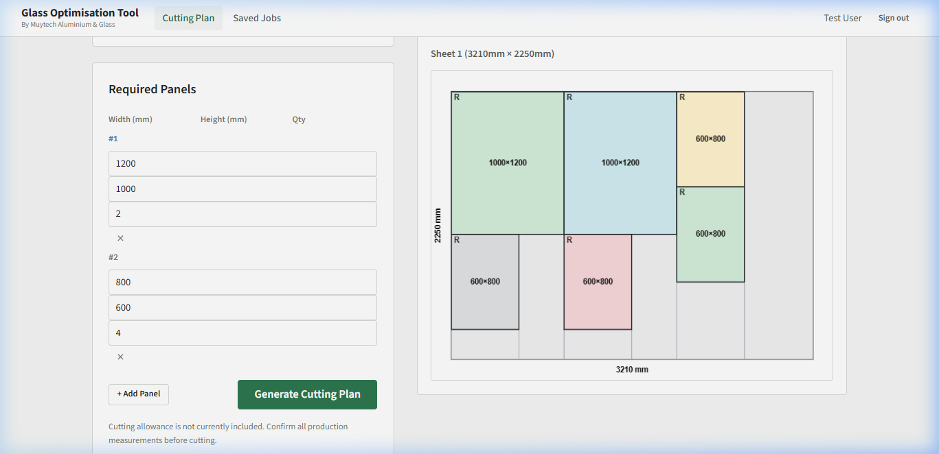 Cutting plan diagram showing panel placement on glass stock sheets
