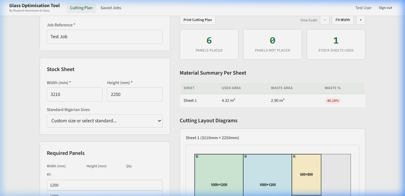Glass Optimisation Tool — cutting plan interface showing panel layout on stock sheets